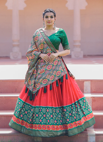 Traditional Red Color Dola Silk Printed Foil Work Lehenga